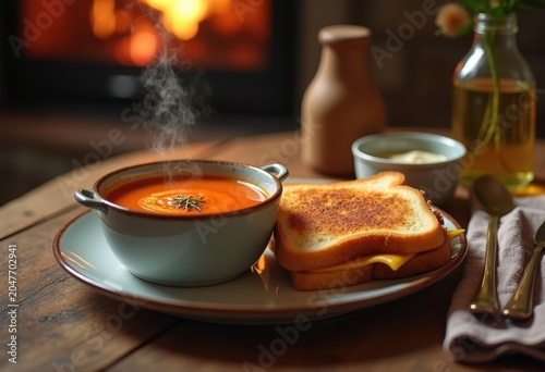 Cozy Interior Grilled Cheese Sandwich Tomato Soup Relaxed Home Kitchen Ambiance