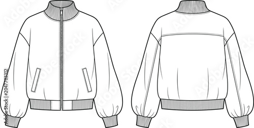 Obraz na plátně Bomber Jacket Technical Fashion Template Front and Back View Line Art Apparel De