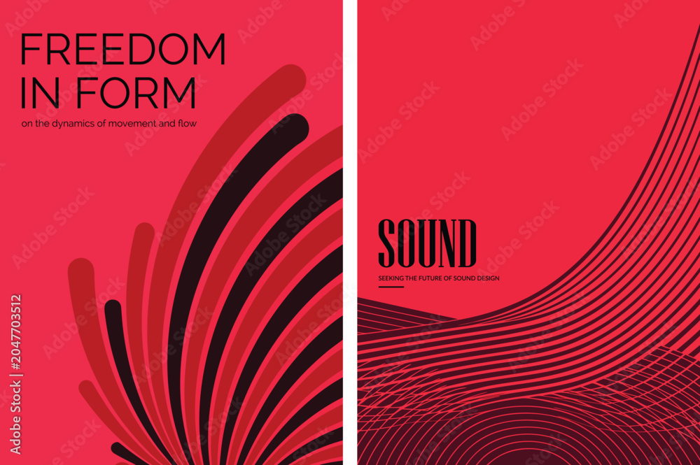 Fototapeta premium Abstract fluid vector poster set with bold rounded curved strokes and thin flowing contour lines, dynamic wave patterns with movement and flow effect, modern graphic for editorial and wall art