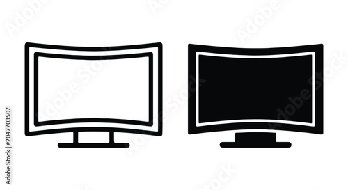 Set of curved monitor icons, outline and solid style