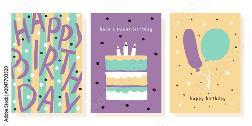 Set of greeting cards for birthday celebration. Hand drawn trendy cartoon cake, happy birthday lettering. Vector illustration