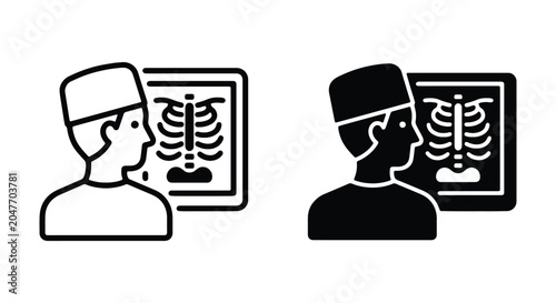 Radiologist doctor looking at chest xray scan, medical diagnostic concept, vector icon set