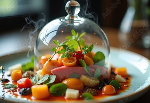 Luxurious Glass Cloche Concept Molecular Gastronomy Featuring Intricate Vegetable Arrangements Supreme Culinary Art