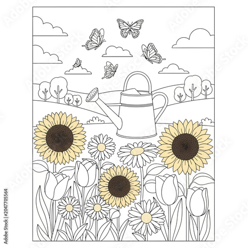 Coloring page featuring a garden scene with sunflowers, tulips, butterflies and a watering can.