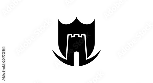 Foto Minimalist black crown and castle tower shield logo