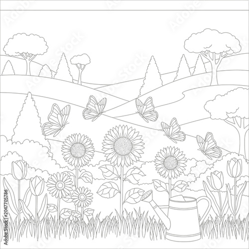 Black and white line art illustration of a garden with sunflowers and butterflies.