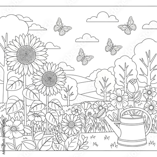 Black and white coloring page for kids featuring a beautiful sunflower garden with butterflies and a watering can.