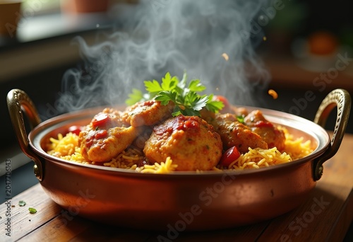 Traditional Copper Pot Holding Flavorful Chicken Curry Resting on Fragrant Rice Base