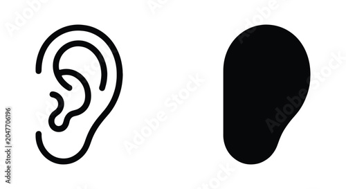 Set of human ear icons, outline and silhouette style, vector illustration