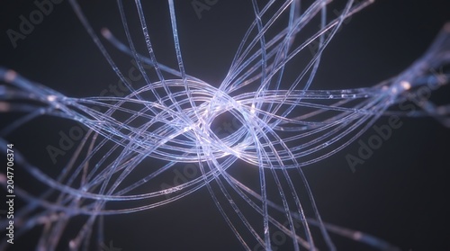 Glowing blue fiber optic cables crossing in dark space for futuristic digital data network and high speed communication concepts