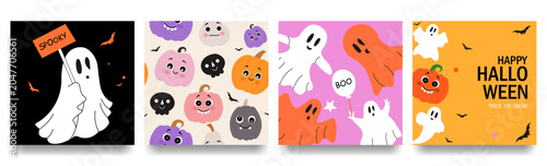 Foto Happy Halloween holiday posters with trendy vector illustration with hand-drawn pumpkins, ghosts, bats
