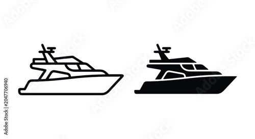 Set of yacht icons, luxury motor boat symbols in line and solid style