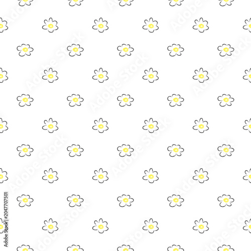 Seamless pattern with hand drawn doodle daisy flowers on white background