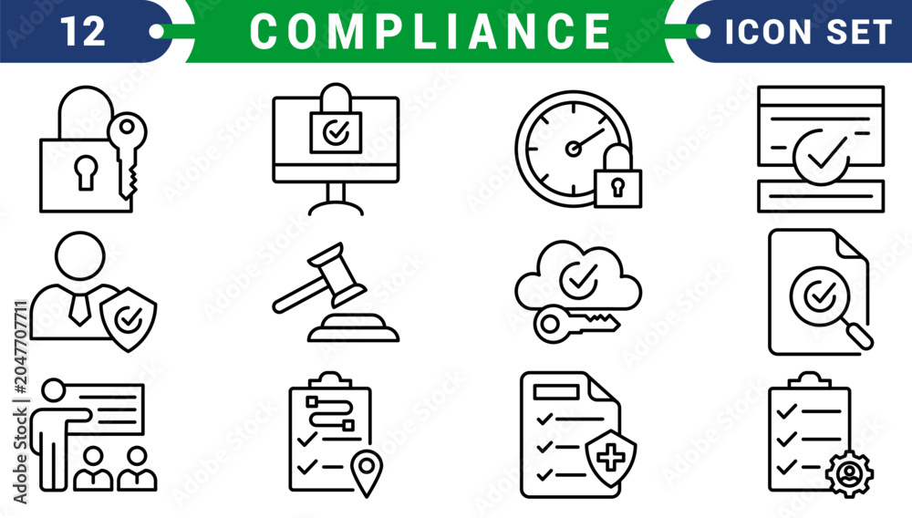 Fototapeta premium compliance icon set. Features policy, audit, ethics, and legal icons for business governance, quality control, and standard procedures. Blue flat style.