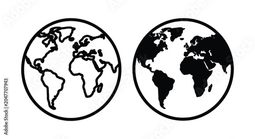 Set of two globe icons showing world map, one with outline style and one with solid black fill style