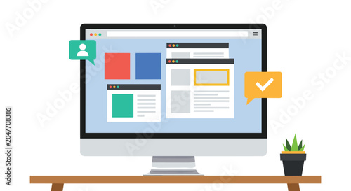 Digital workplace illustration featuring a computer monitor with multiple browser windows and notification icons on a desk.