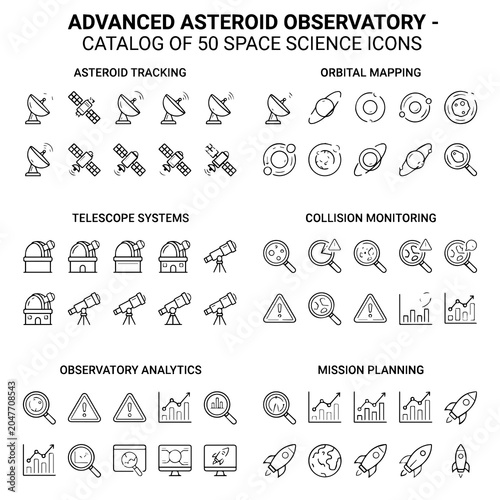 Schilderij op canvas Space Science Icons Collection Line Style Vector Graphics For Astronomy