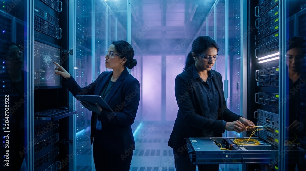 Fototapeta premium Two engineers maintaining servers with cables in data center