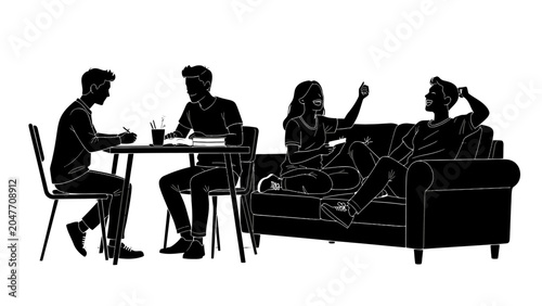 Silhouette people socializing, sitting on couch and table, black and white vector illustration, lifestyle and leisure concept