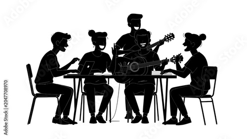 Cuadro en lienzo Music, band, people, silhouette, vector, illustration, musicians, group, guitar,