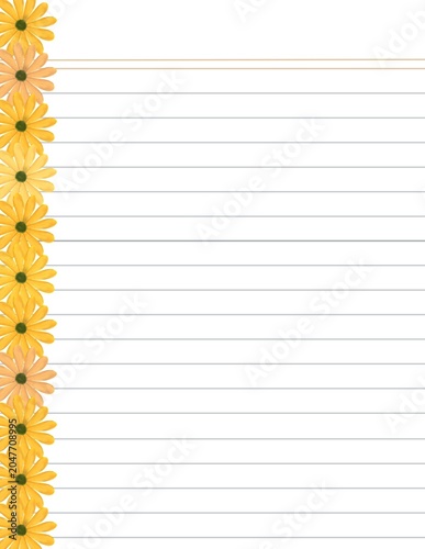 Printable notebook page with yellow flowers border, printable stationary, floral notebook page 