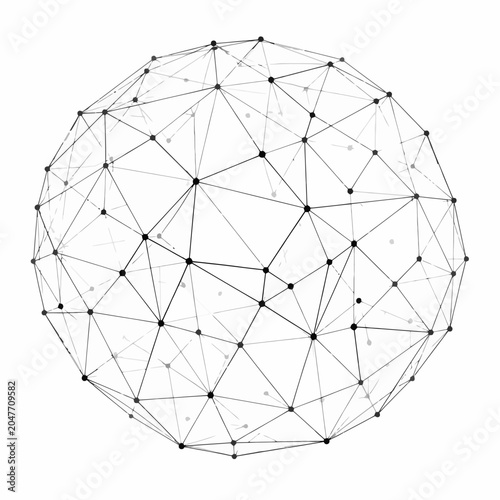 Abstract network sphere with interconnected lines and dots forming a global plexus structure on a clean white background