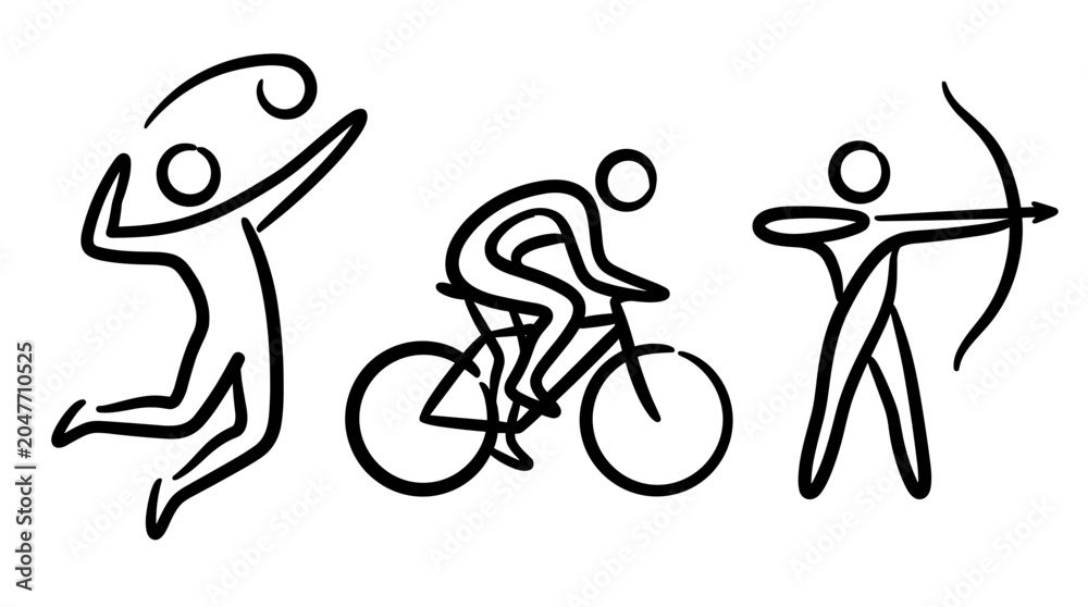 Naklejka premium Dynamic sport pictogram collection featuring volleyball cycling and archery in bold line art style