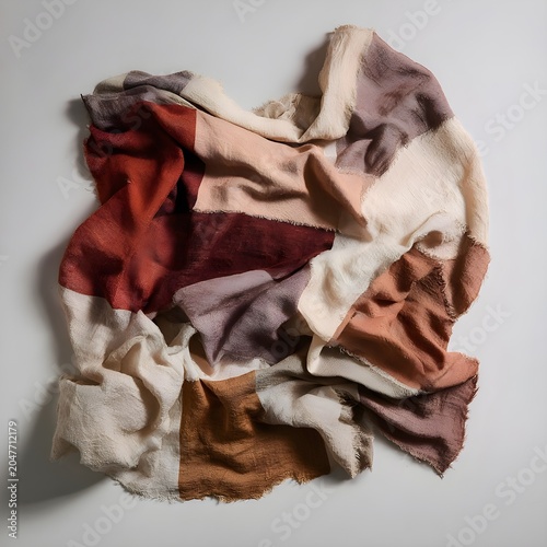 Close-up of crumpled colorful fabric scraps on neutral background