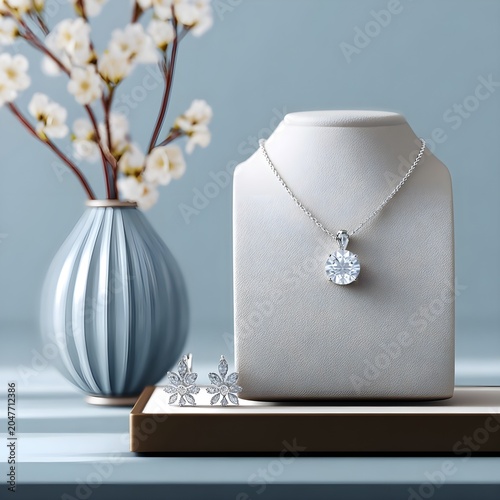 Elegant silver necklace with diamond pendant on a decorative vase and tray