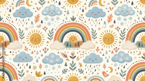 Seamless: smiling suns, clouds, rainbows, mountains, birds, forest