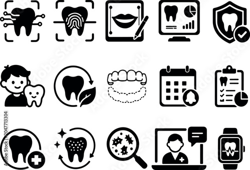 Modern Dental Healthcare Glyph Icons Set – Digital Dentistry, Oral Health Monitoring, Telemedicine and Smart Dental Care Vector Collection