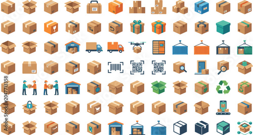 Cardboard box delivery logistics shipping vector icons mega set with modern warehouse cargo transport package distribution elements