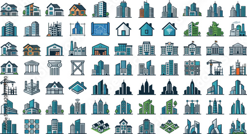 Tablou pe pânză Buildings real estate architecture vector icons mega set with modern city skyscr