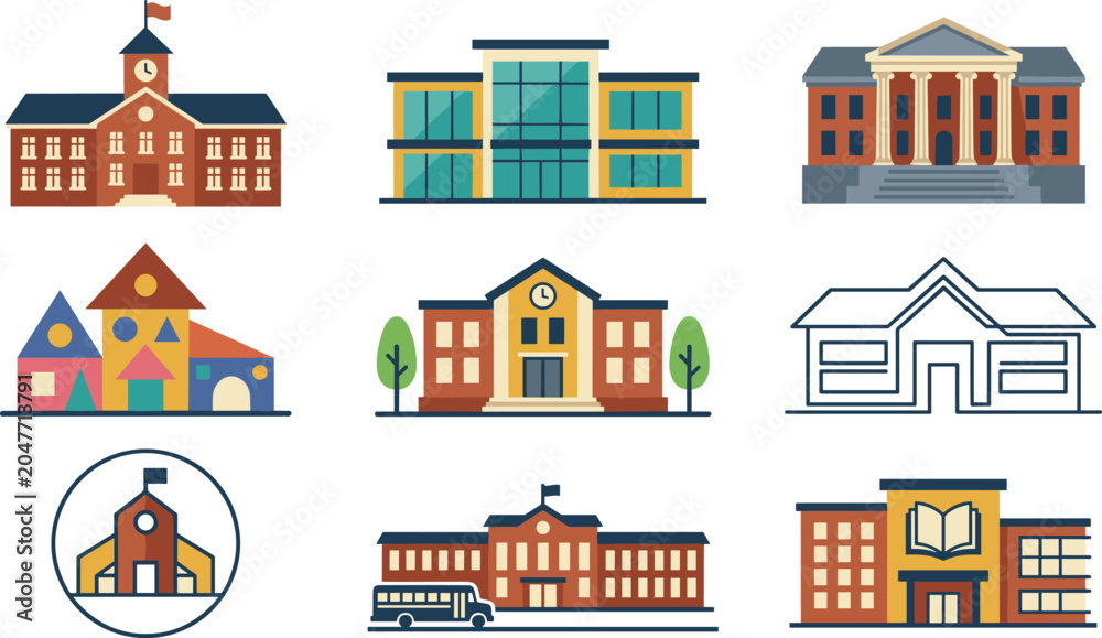 Naklejka premium School building vector icon set with modern education architecture campus elements for creative stock design templates