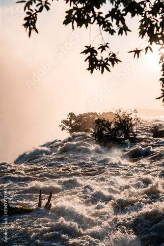 Foto Victoria Falls in Zambia surges over a rocky lip at sunset, mist rises, shrub topped islets cling to the edge, silhouetted leaves frame the brink in warm light