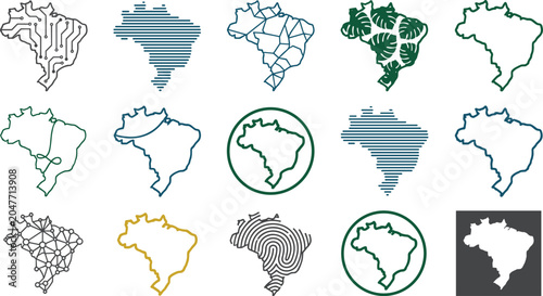 Brazil map icon set with tech lines geometric pattern foliage global and fingerprint concept vector illustration isolated