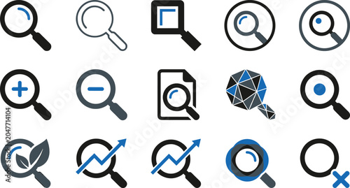 Photos Magnifying glass search icon set with research analysis data plus minus zoom and