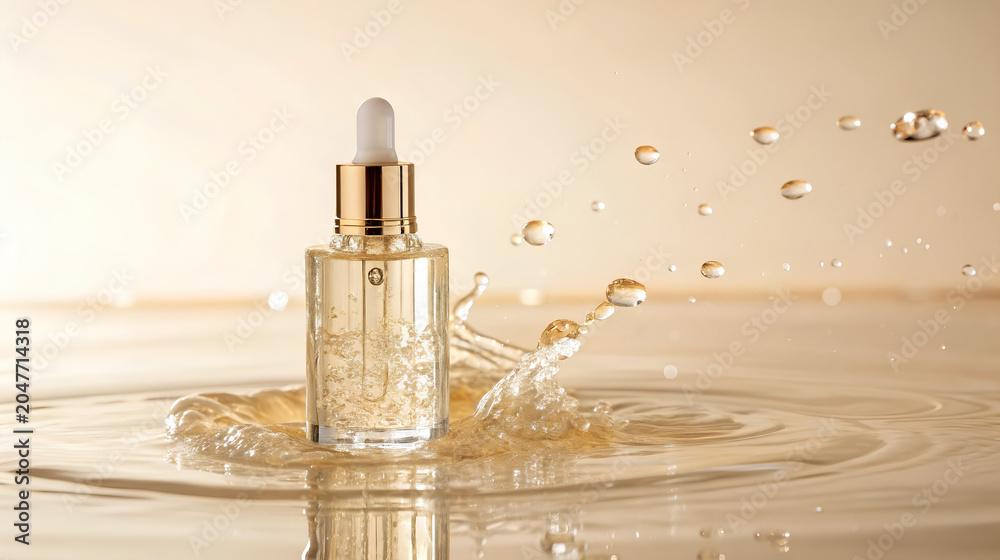 Naklejka premium Hydrating skincare serum bottle with water splash, luxury cosmetic essence, beauty treatment advertising, premium skincare product and wellness concept