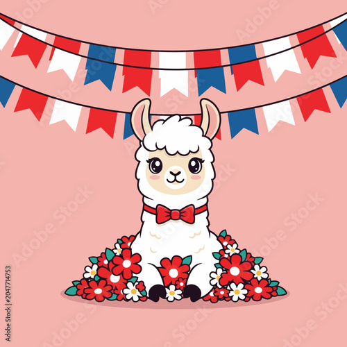 Cute Cartoon Llama Wearing a Red Bow Tie.