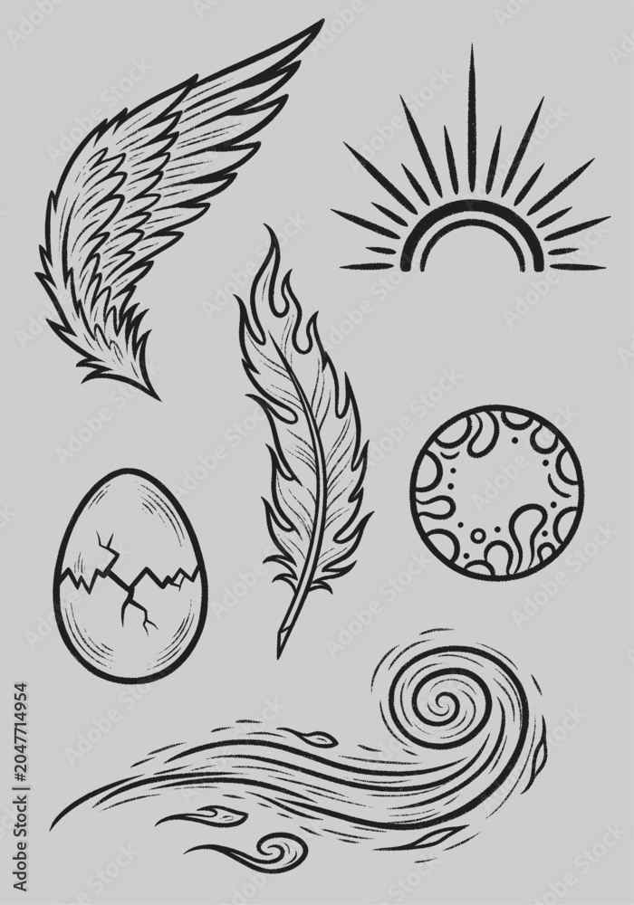Obraz premium Hand-drawn vector illustration set depicting symbolic elements like a feathered wing, a burning plume, a cracked egg, a rising sun, an abstract planet, and swirling wind