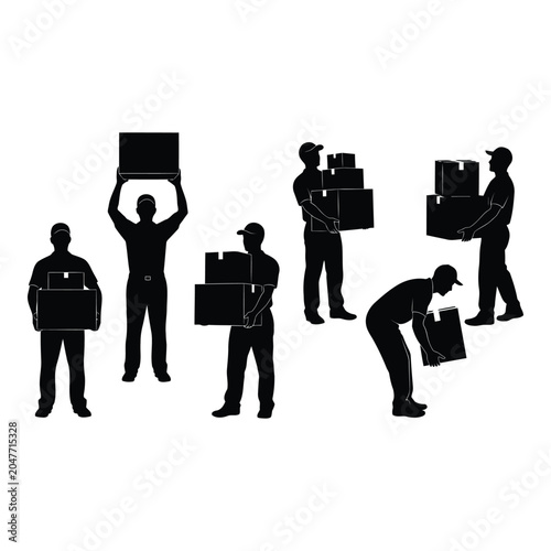 Set of silhouettes of delivery workers with boxes vactor file
