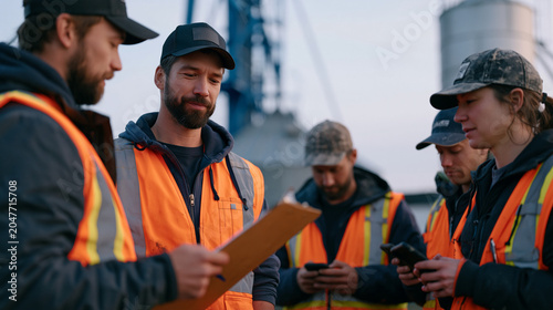 Harvest prep crew leader distributing daily equipment assignments to workers gathered beside grain elevator before dawn mist lifts, clipboard in hand, seasonal laborers in worn hats checking phones 