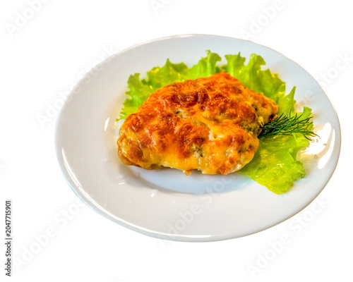 Golden baked chicken breast with cheese and lettuce.
