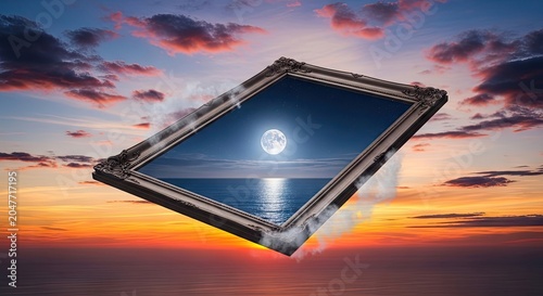 A surreal, floating frame with a moon and ocean scene inside, set against a vibrant, colorful sunset sky with clouds.