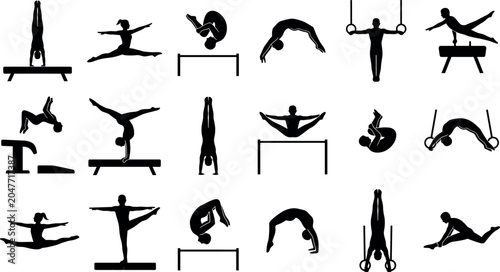 Foto Gymnastics Silhouette Icon Set Featuring Balance Beam Pommel Horse Still Rings a