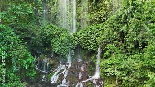 Aerial View of Benang Kelambu Waterfall in Lush Tropical Jungle, Lombok, Indonesia