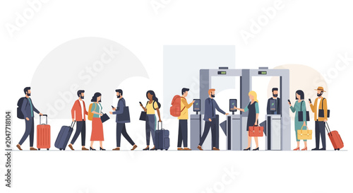 Airport Security Check: Diverse Travelers Queue for Turnstile Entry