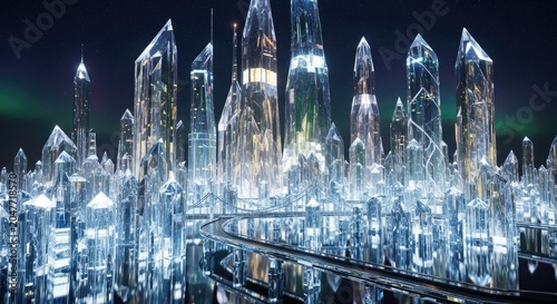 A futuristic cityscape with glass skyscrapers and crystal structures, illuminated by neon lights, set against a dark sky with a northern lights display.