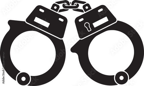 A black and white of metal handcuffs, featuring a hinged locking mechanism and a central chain link, isolated on a white also transparent background