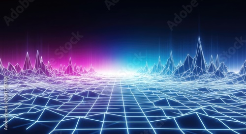 A futuristic, digital landscape with a grid of blue and purple lines, a pink and blue gradient sky, and a mountainous terrain in the distance.